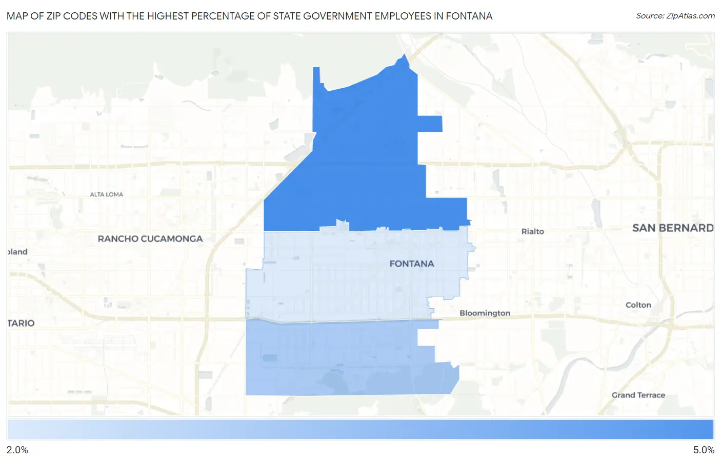 Zip Codes with the Highest Percentage of State Government Employees in Fontana Map