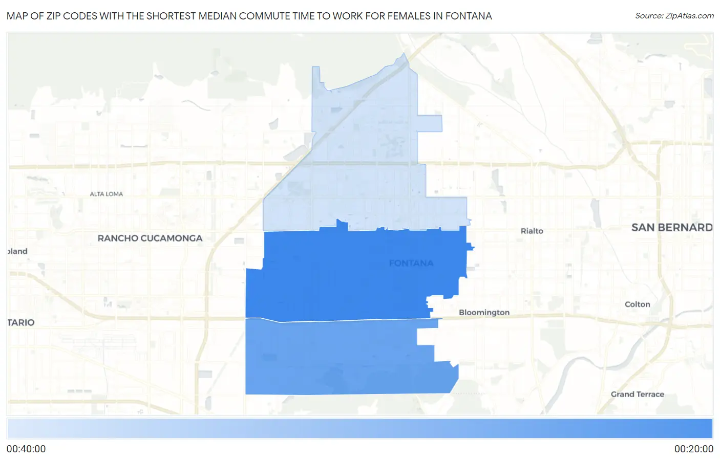 Zip Codes with the Shortest Median Commute Time to Work for Females in Fontana Map