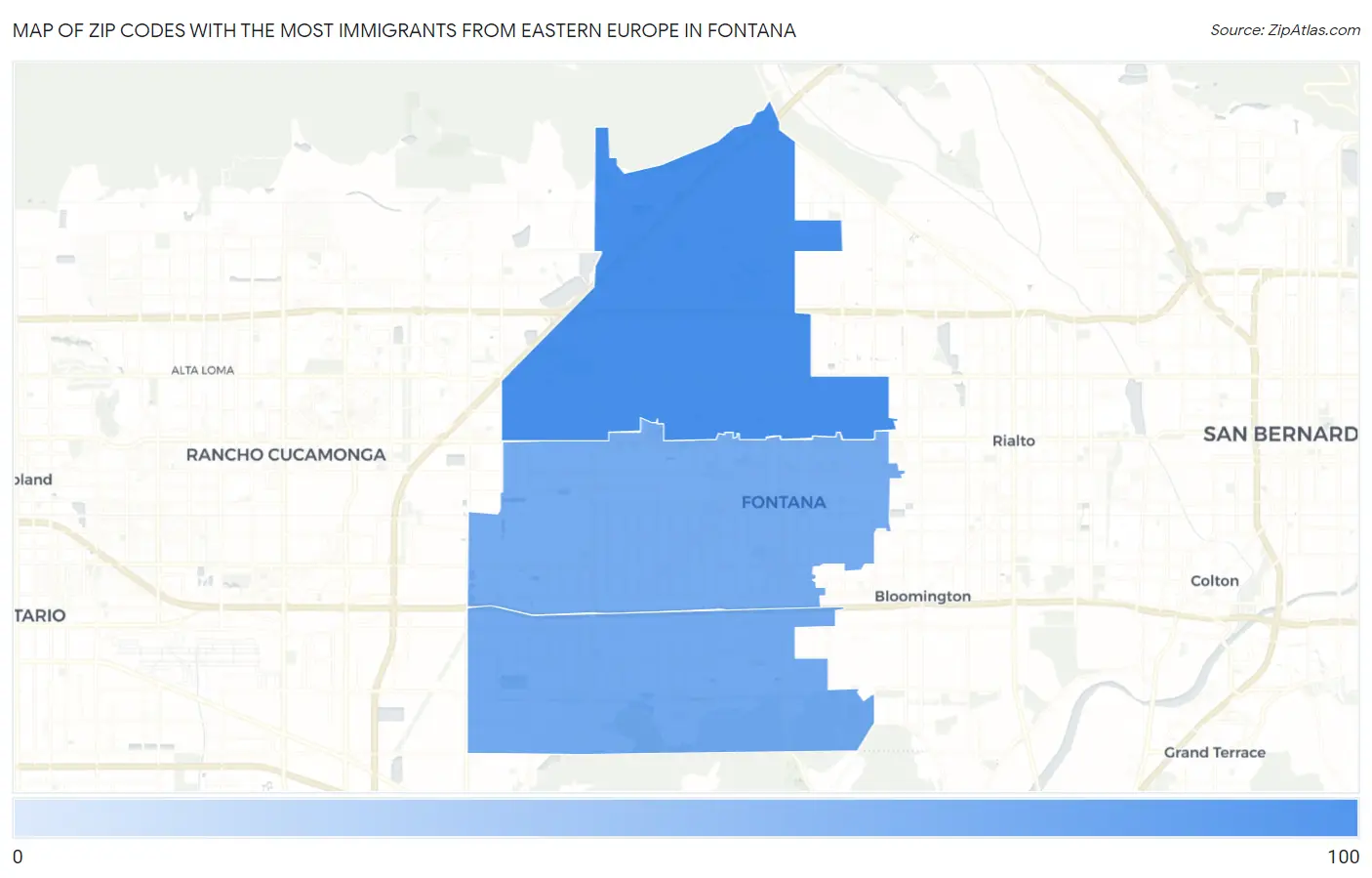 Zip Codes with the Most Immigrants from Eastern Europe in Fontana Map