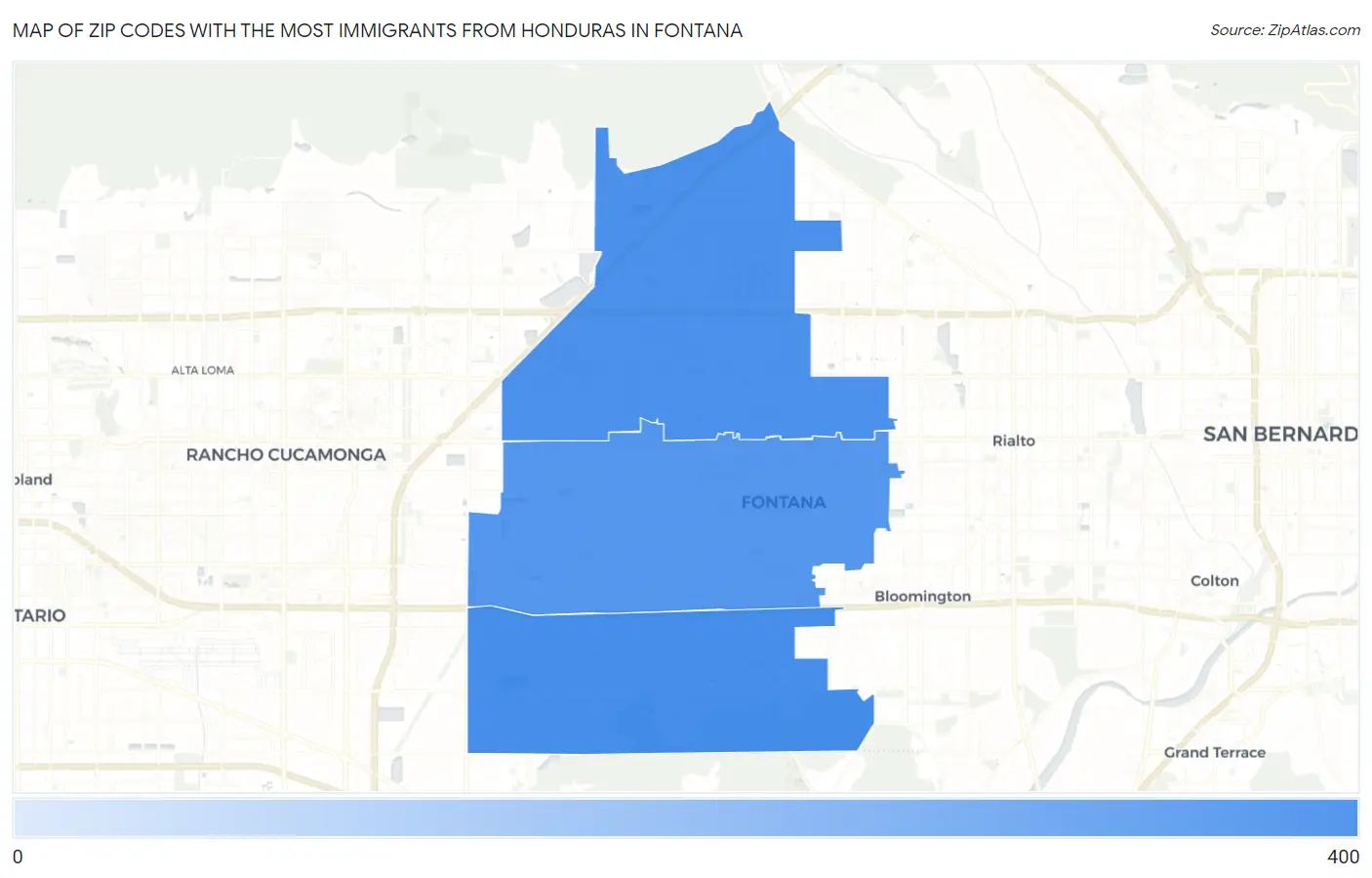 Zip Codes with the Most Immigrants from Honduras in Fontana Map