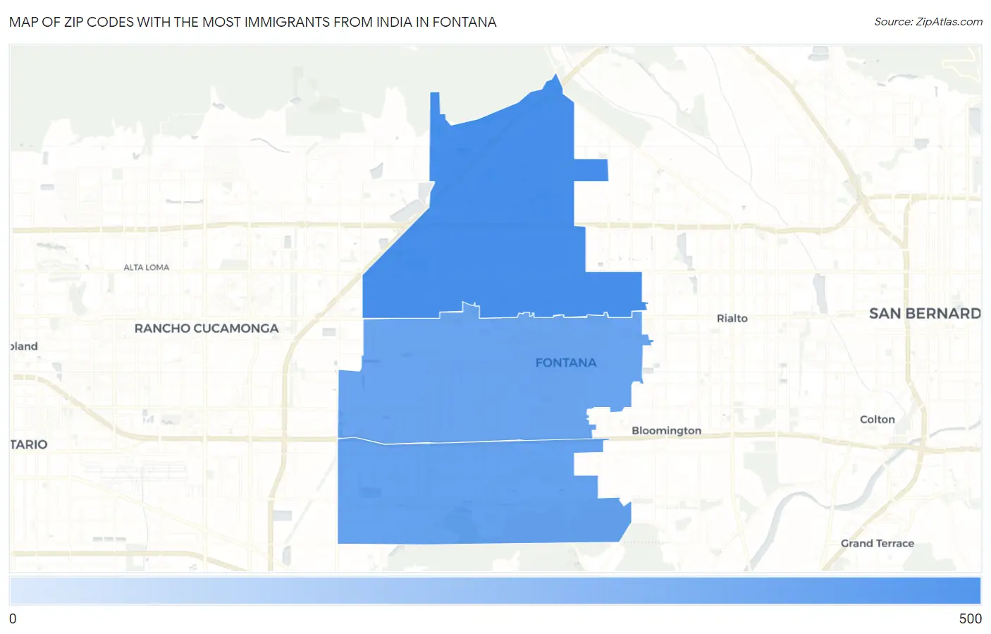 Zip Codes with the Most Immigrants from India in Fontana Map