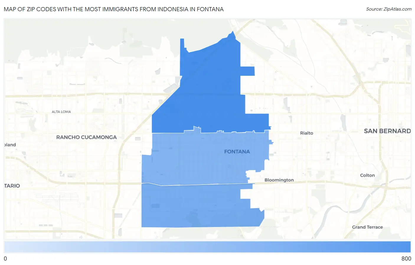 Zip Codes with the Most Immigrants from Indonesia in Fontana Map