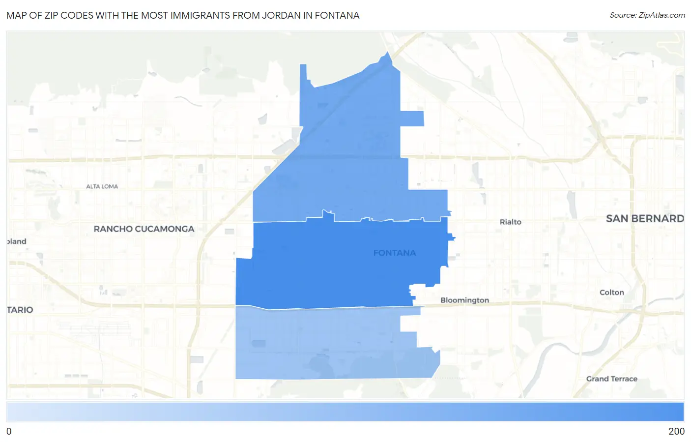 Zip Codes with the Most Immigrants from Jordan in Fontana Map