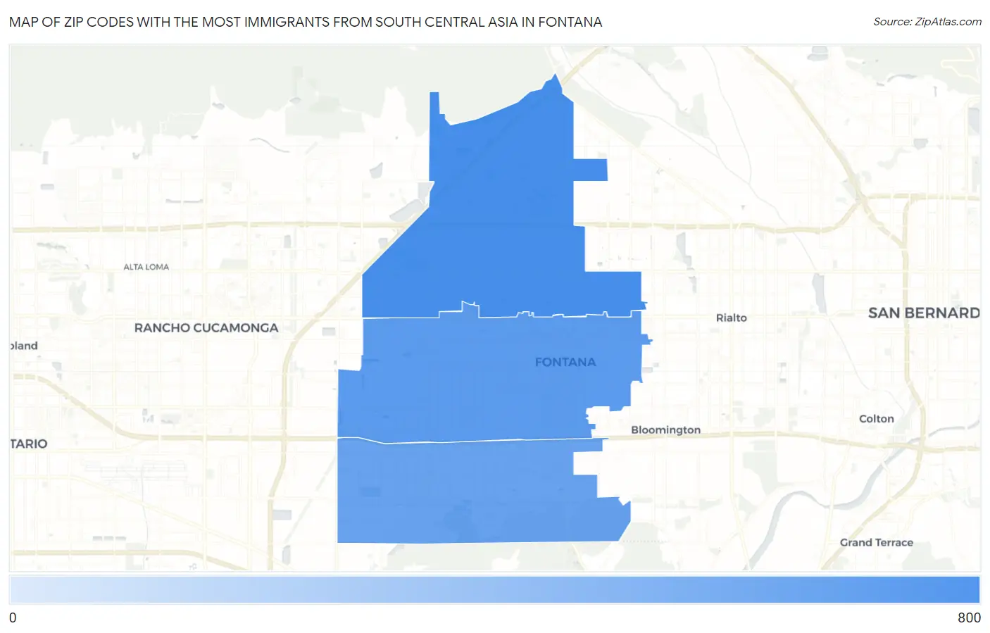 Zip Codes with the Most Immigrants from South Central Asia in Fontana Map