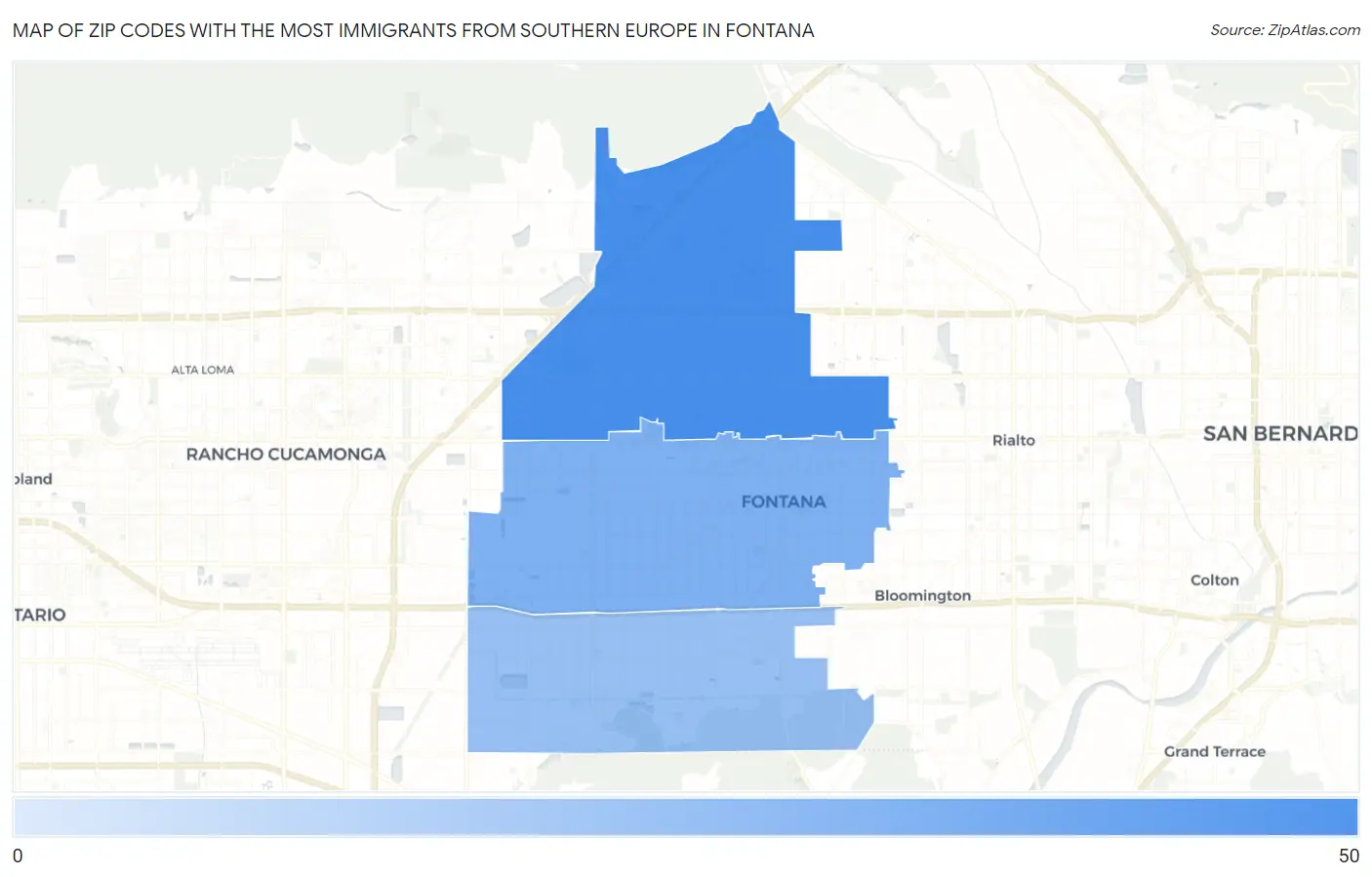Zip Codes with the Most Immigrants from Southern Europe in Fontana Map