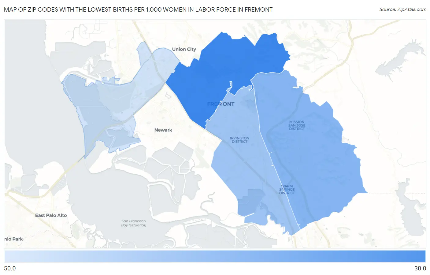 Zip Codes with the Lowest Births per 1,000 Women in Labor Force in Fremont Map