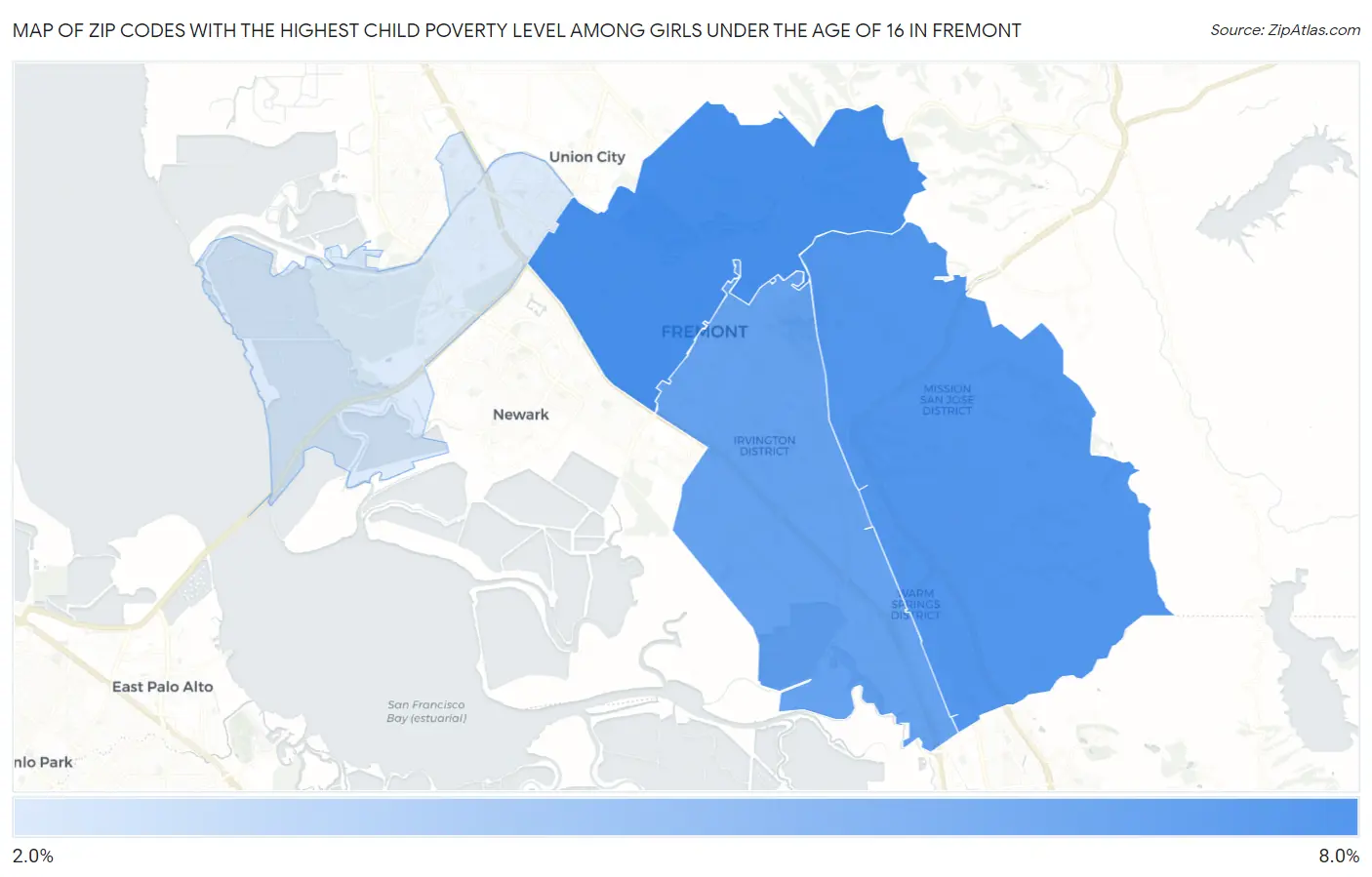 Zip Codes with the Highest Child Poverty Level Among Girls Under the Age of 16 in Fremont Map