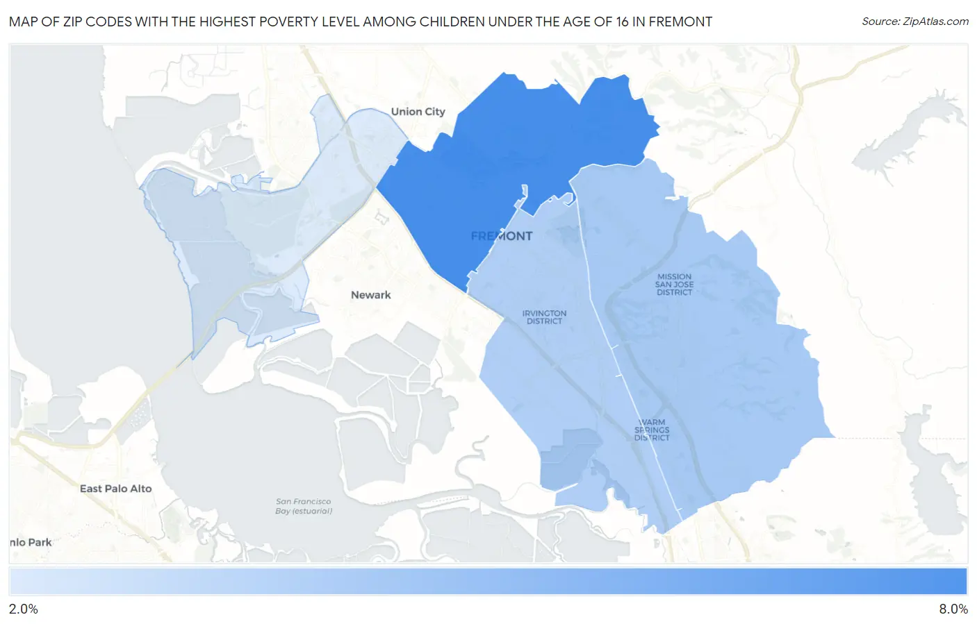 Zip Codes with the Highest Poverty Level Among Children Under the Age of 16 in Fremont Map