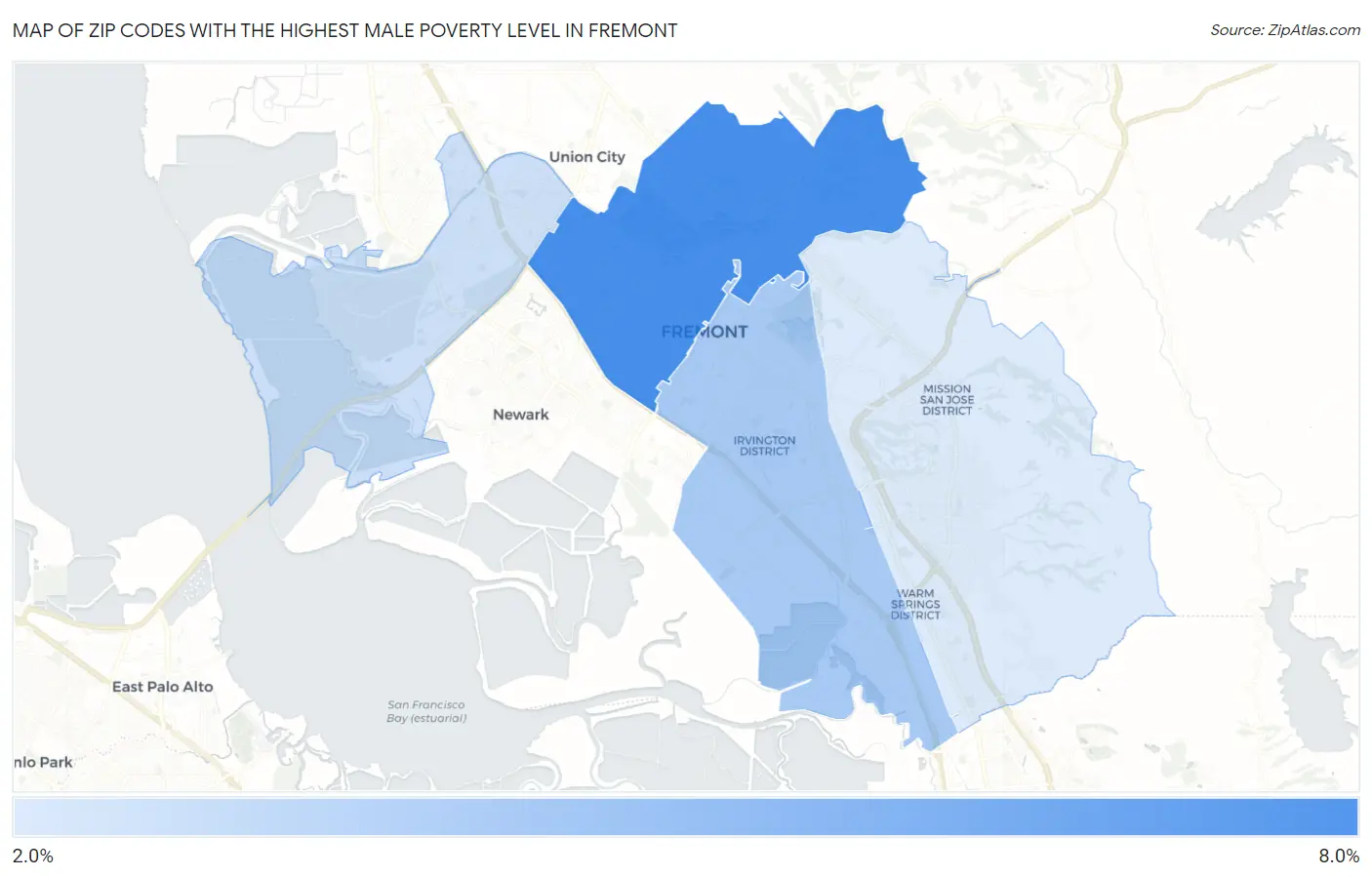 Zip Codes with the Highest Male Poverty Level in Fremont Map