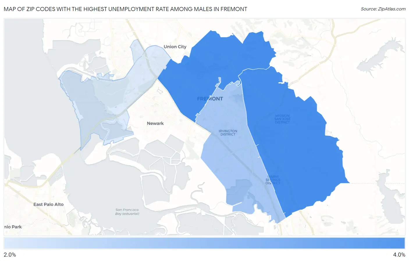 Zip Codes with the Highest Unemployment Rate Among Males in Fremont Map