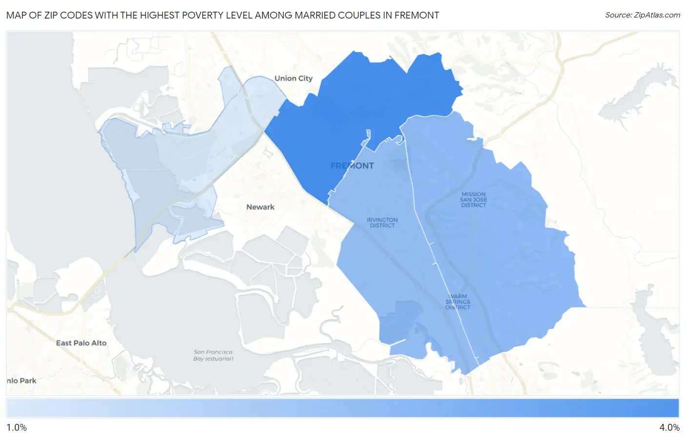 Zip Codes with the Highest Poverty Level Among Married Couples in Fremont Map