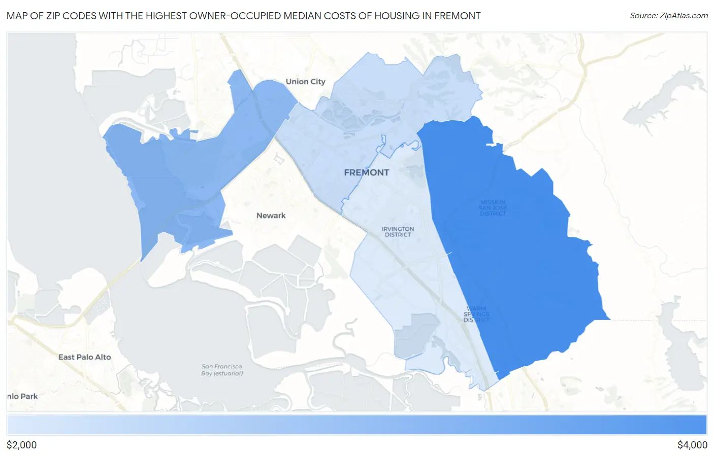 Zip Codes with the Highest Owner-Occupied Median Costs of Housing in Fremont Map