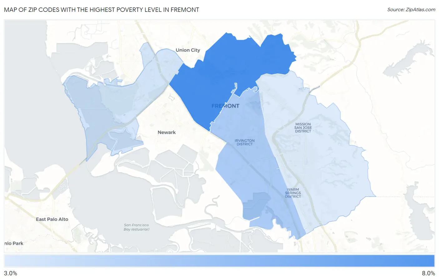 Zip Codes with the Highest Poverty Level in Fremont Map