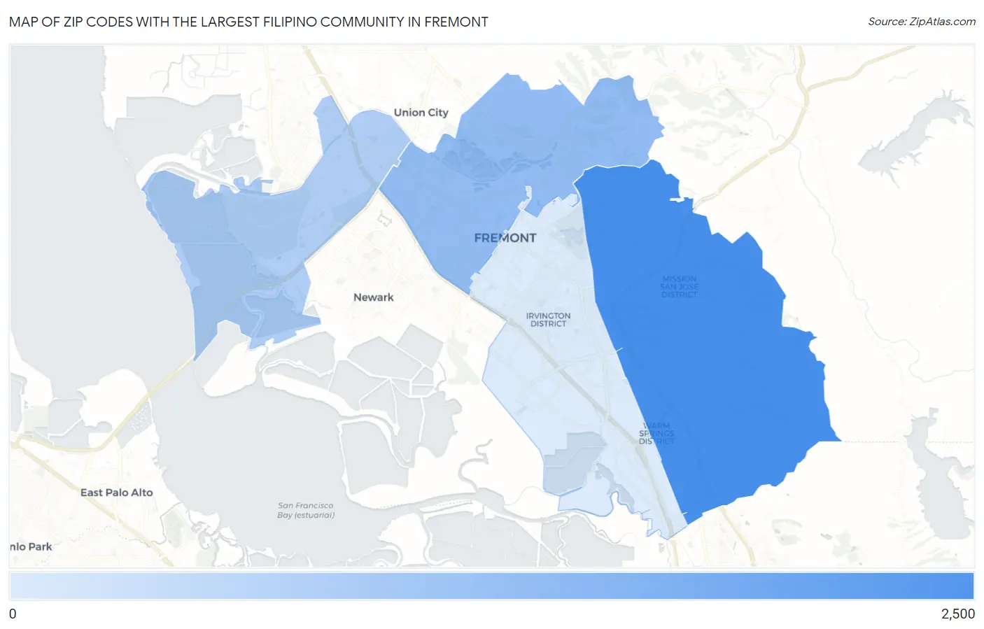 Zip Codes with the Largest Filipino Community in Fremont Map