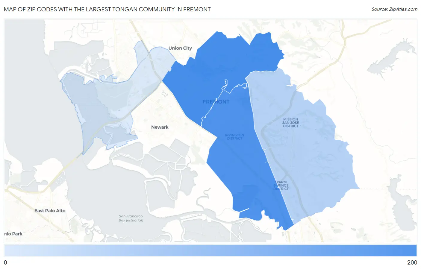 Zip Codes with the Largest Tongan Community in Fremont Map