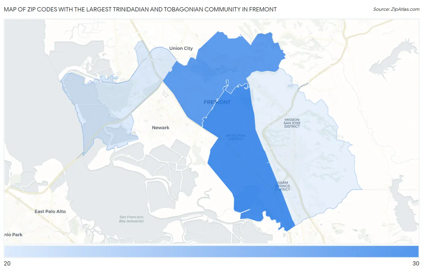Zip Codes with the Largest Trinidadian and Tobagonian Community in Fremont Map
