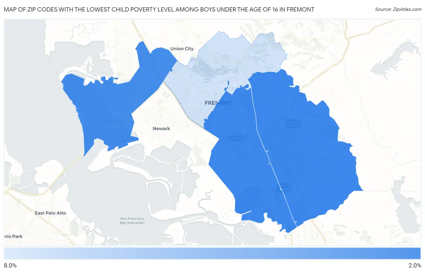 Zip Codes with the Lowest Child Poverty Level Among Boys Under the Age of 16 in Fremont Map