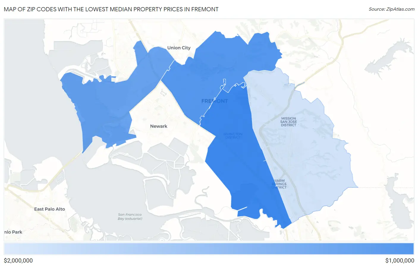Zip Codes with the Lowest Median Property Prices in Fremont Map