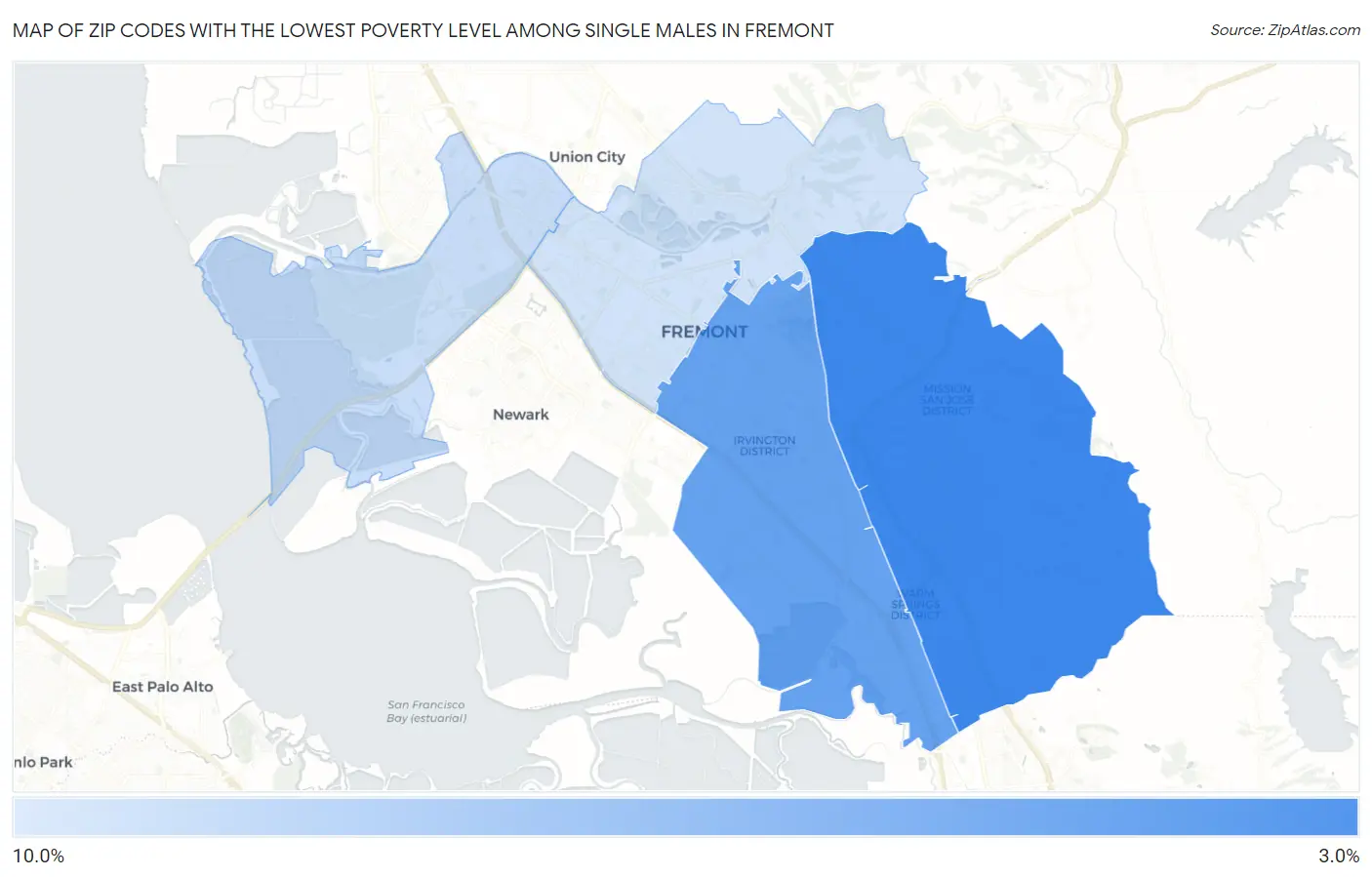Zip Codes with the Lowest Poverty Level Among Single Males in Fremont Map