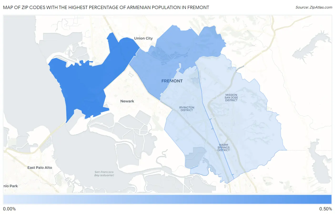 Zip Codes with the Highest Percentage of Armenian Population in Fremont Map