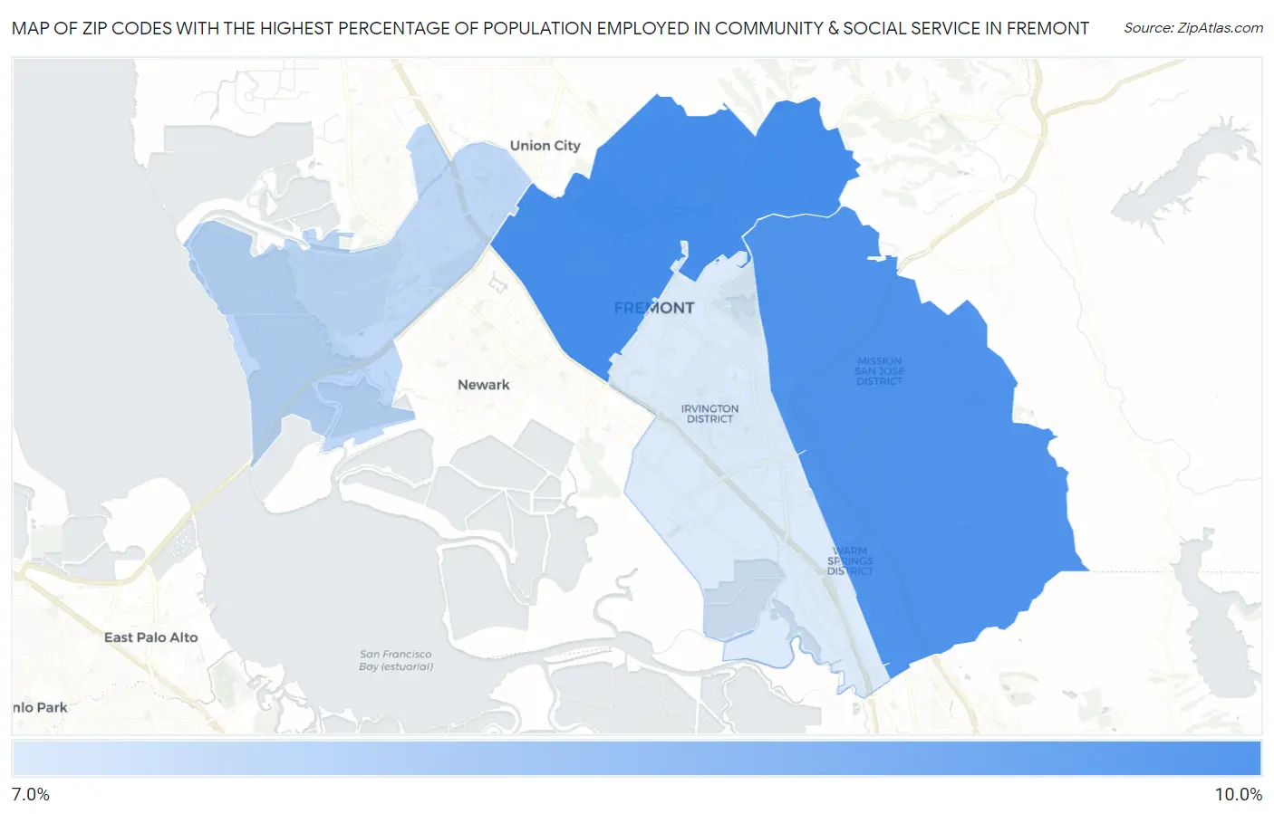 Zip Codes with the Highest Percentage of Population Employed in Community & Social Service  in Fremont Map