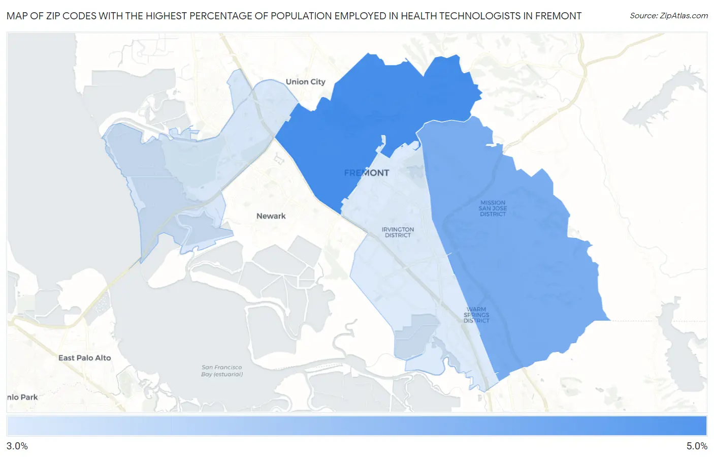 Zip Codes with the Highest Percentage of Population Employed in Health Technologists in Fremont Map