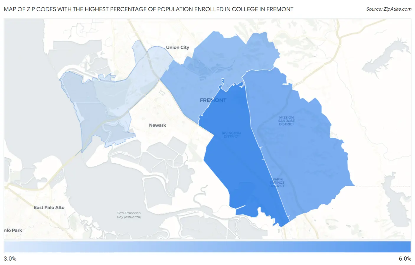 Zip Codes with the Highest Percentage of Population Enrolled in College in Fremont Map
