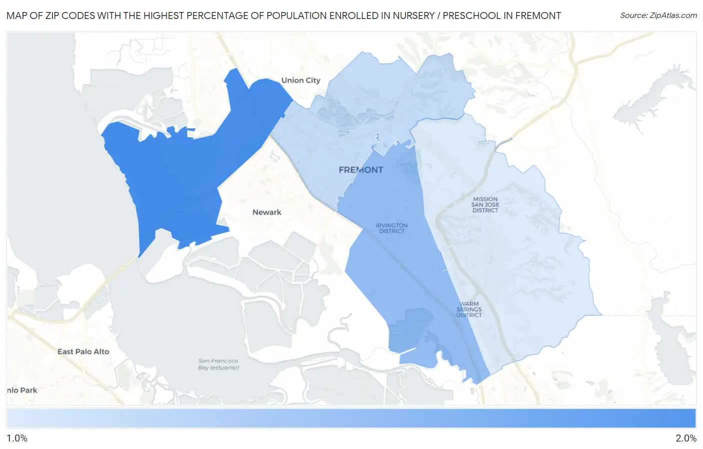 Zip Codes with the Highest Percentage of Population Enrolled in Nursery / Preschool in Fremont Map