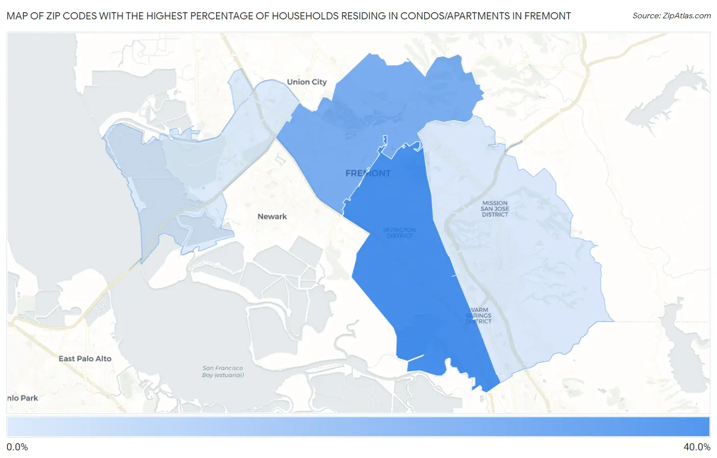 Zip Codes with the Highest Percentage of Households Residing in Condos/Apartments in Fremont Map