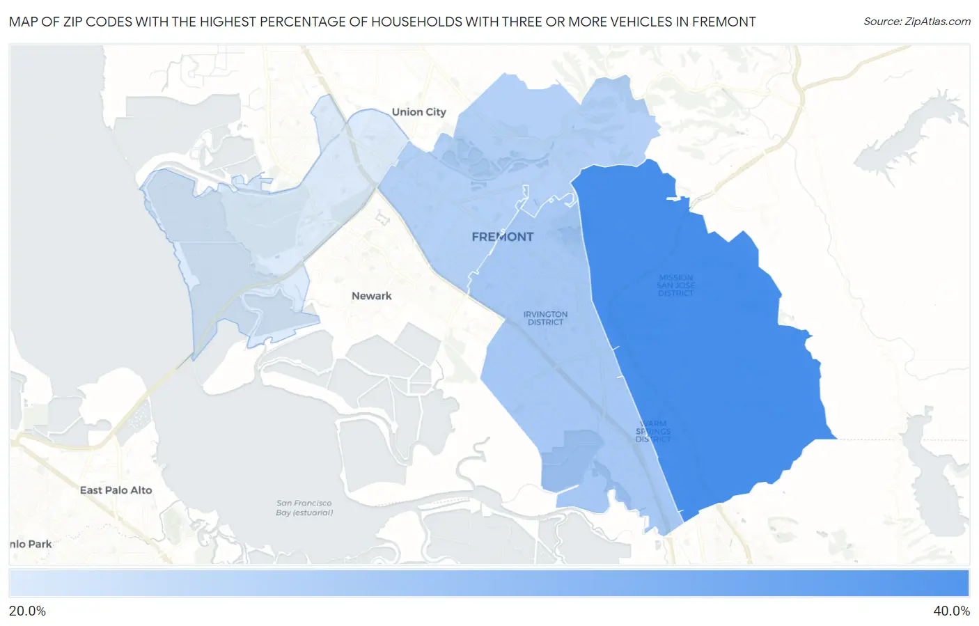 Zip Codes with the Highest Percentage of Households With Three or more Vehicles in Fremont Map
