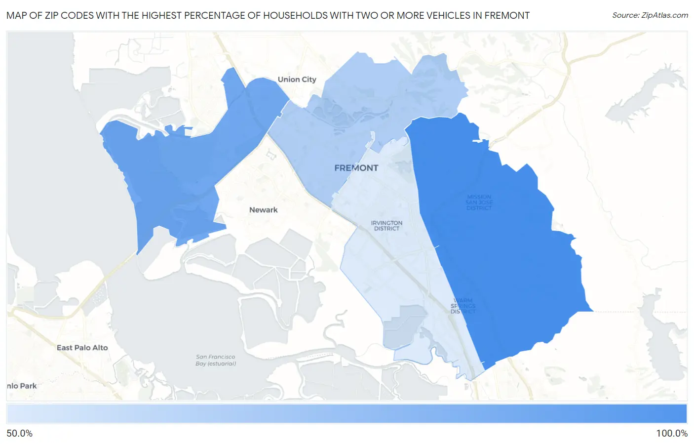 Zip Codes with the Highest Percentage of Households With Two or more Vehicles in Fremont Map