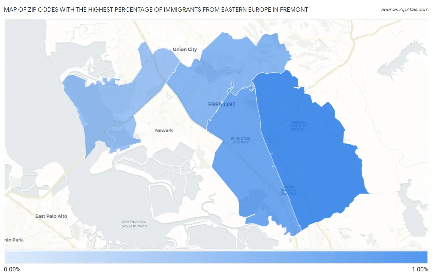 Zip Codes with the Highest Percentage of Immigrants from Eastern Europe in Fremont Map