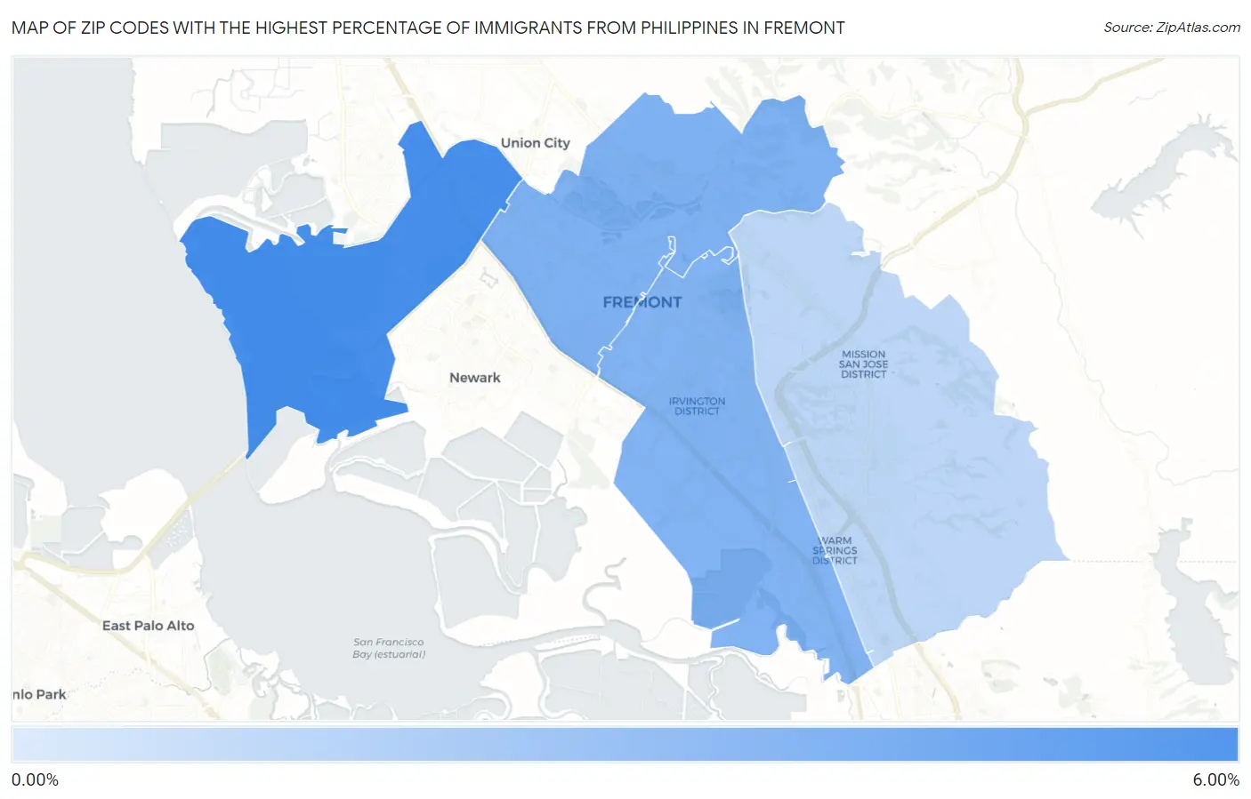 Zip Codes with the Highest Percentage of Immigrants from Philippines in Fremont Map