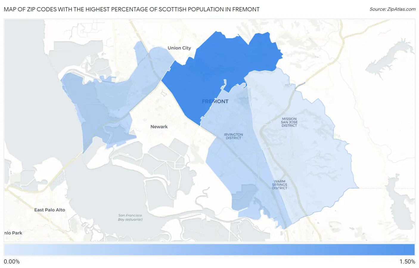 Zip Codes with the Highest Percentage of Scottish Population in Fremont Map