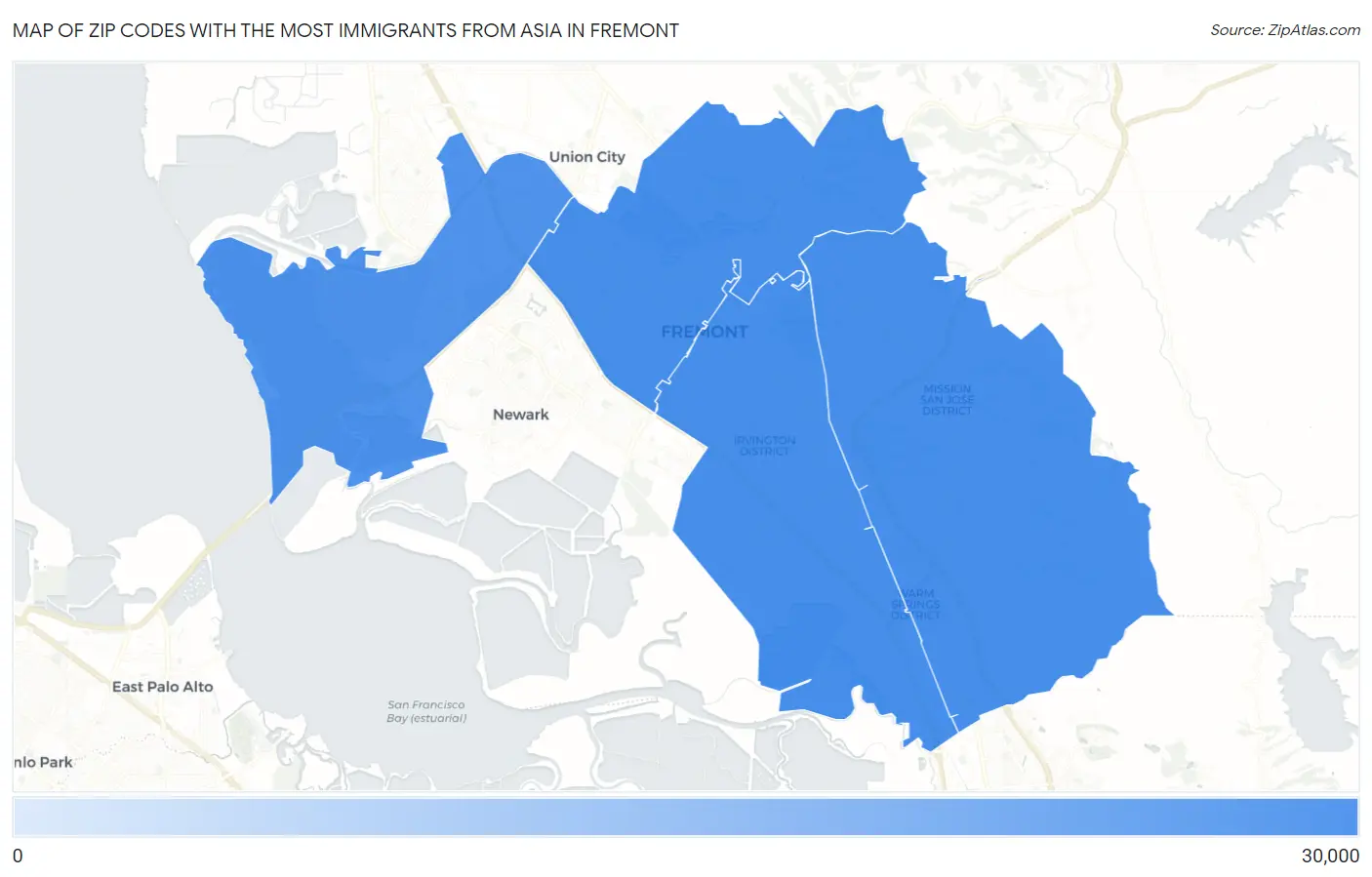 Zip Codes with the Most Immigrants from Asia in Fremont Map