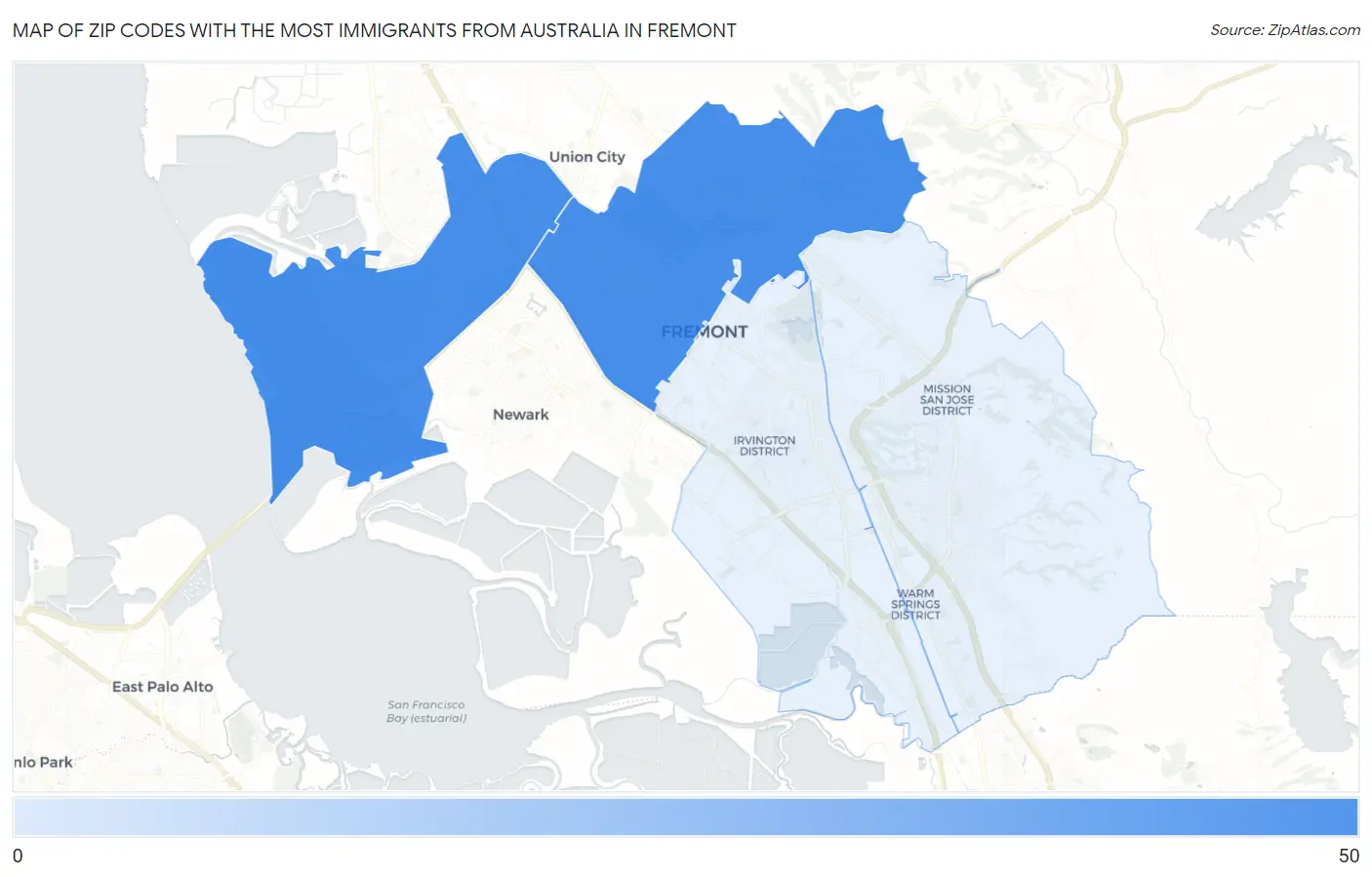 Zip Codes with the Most Immigrants from Australia in Fremont Map