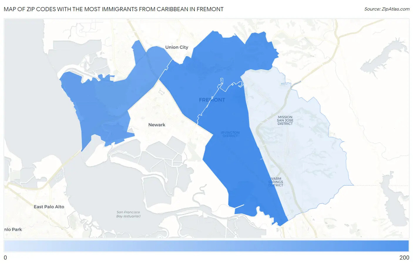 Zip Codes with the Most Immigrants from Caribbean in Fremont Map
