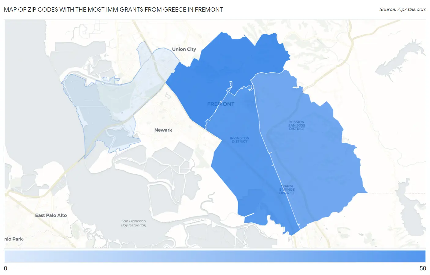 Zip Codes with the Most Immigrants from Greece in Fremont Map