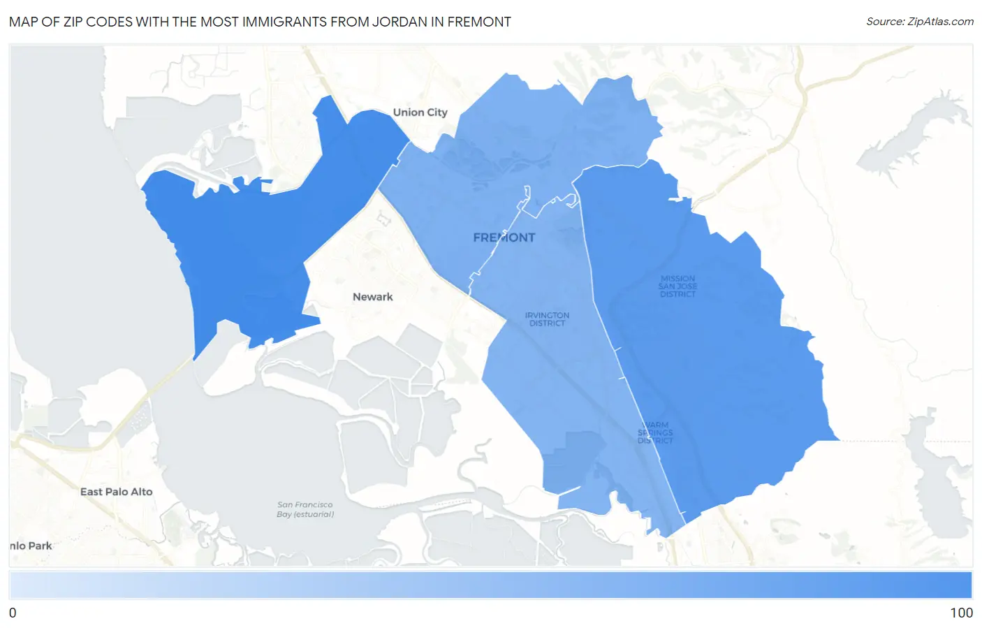 Zip Codes with the Most Immigrants from Jordan in Fremont Map