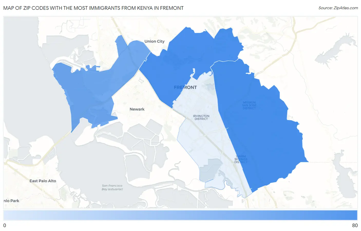 Zip Codes with the Most Immigrants from Kenya in Fremont Map