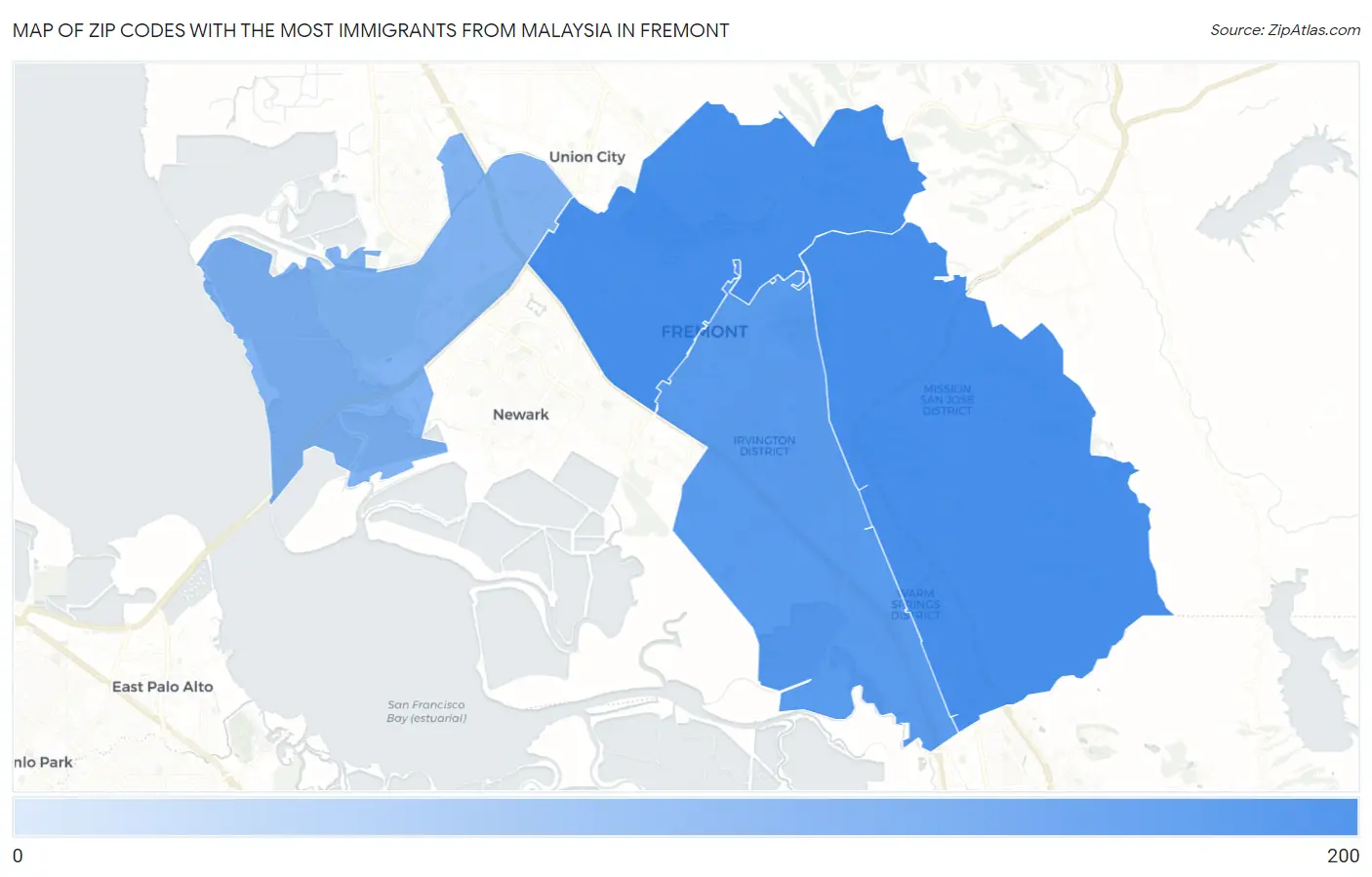 Zip Codes with the Most Immigrants from Malaysia in Fremont Map