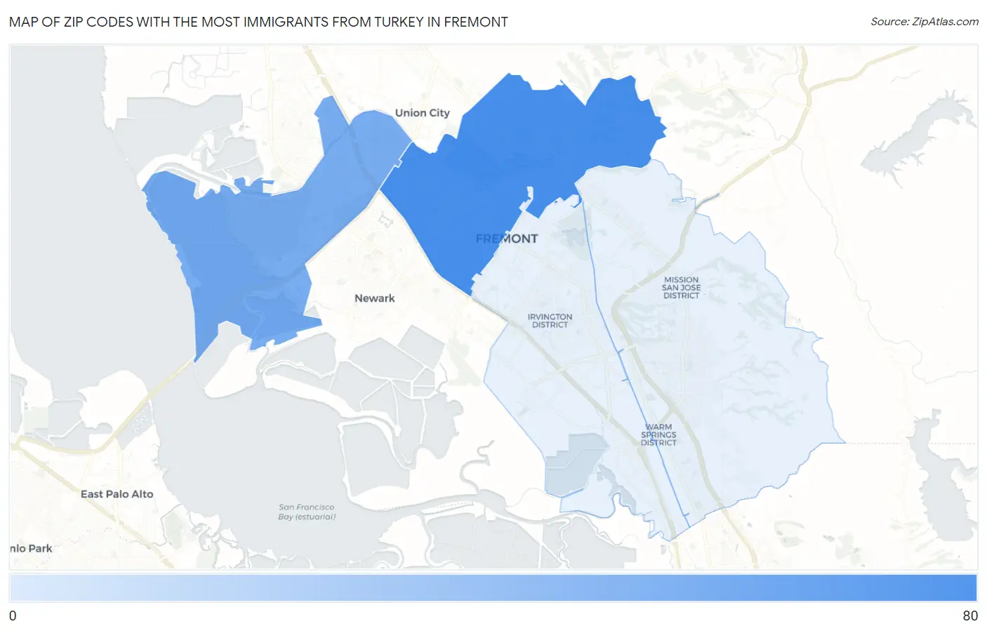 Zip Codes with the Most Immigrants from Turkey in Fremont Map