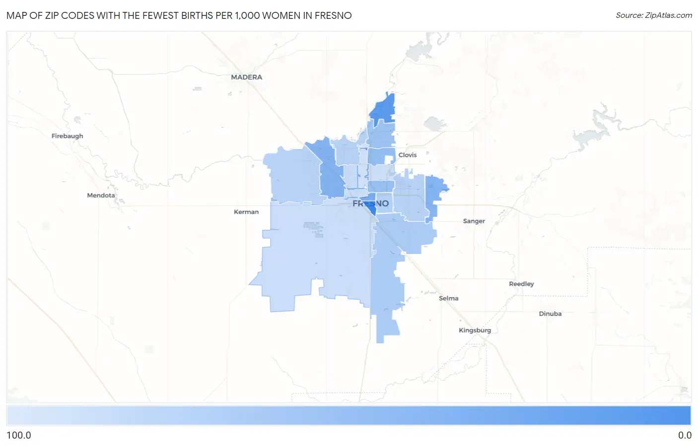 Zip Codes with the Fewest Births per 1,000 Women in Fresno Map