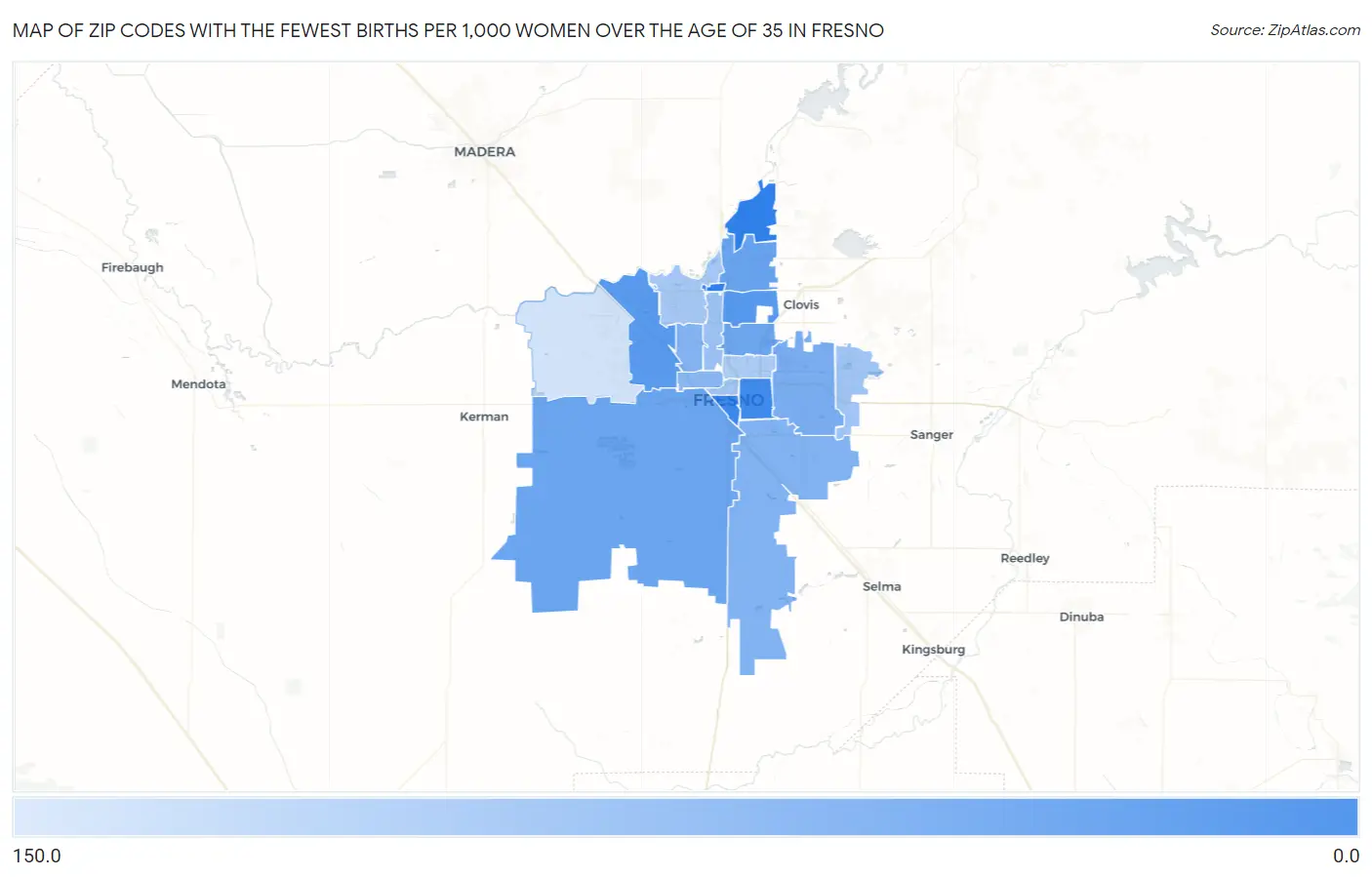 Zip Codes with the Fewest Births per 1,000 Women Over the Age of 35 in Fresno Map