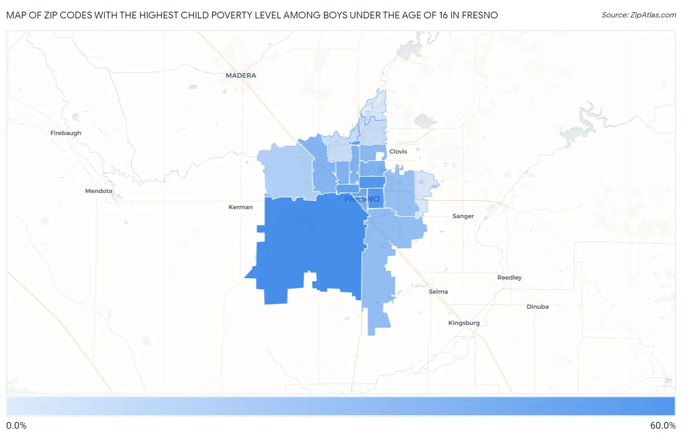 Zip Codes with the Highest Child Poverty Level Among Boys Under the Age of 16 in Fresno Map