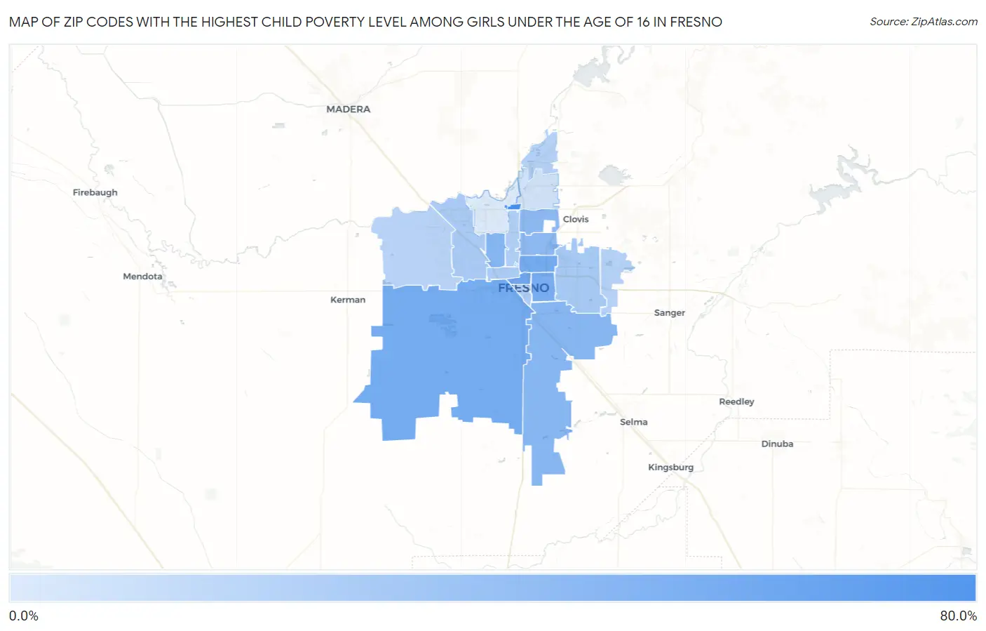 Zip Codes with the Highest Child Poverty Level Among Girls Under the Age of 16 in Fresno Map