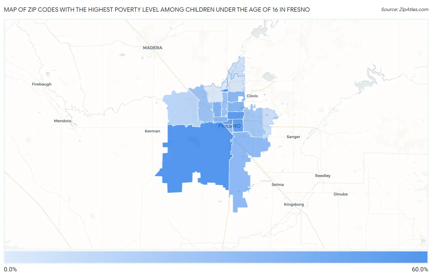 Zip Codes with the Highest Poverty Level Among Children Under the Age of 16 in Fresno Map