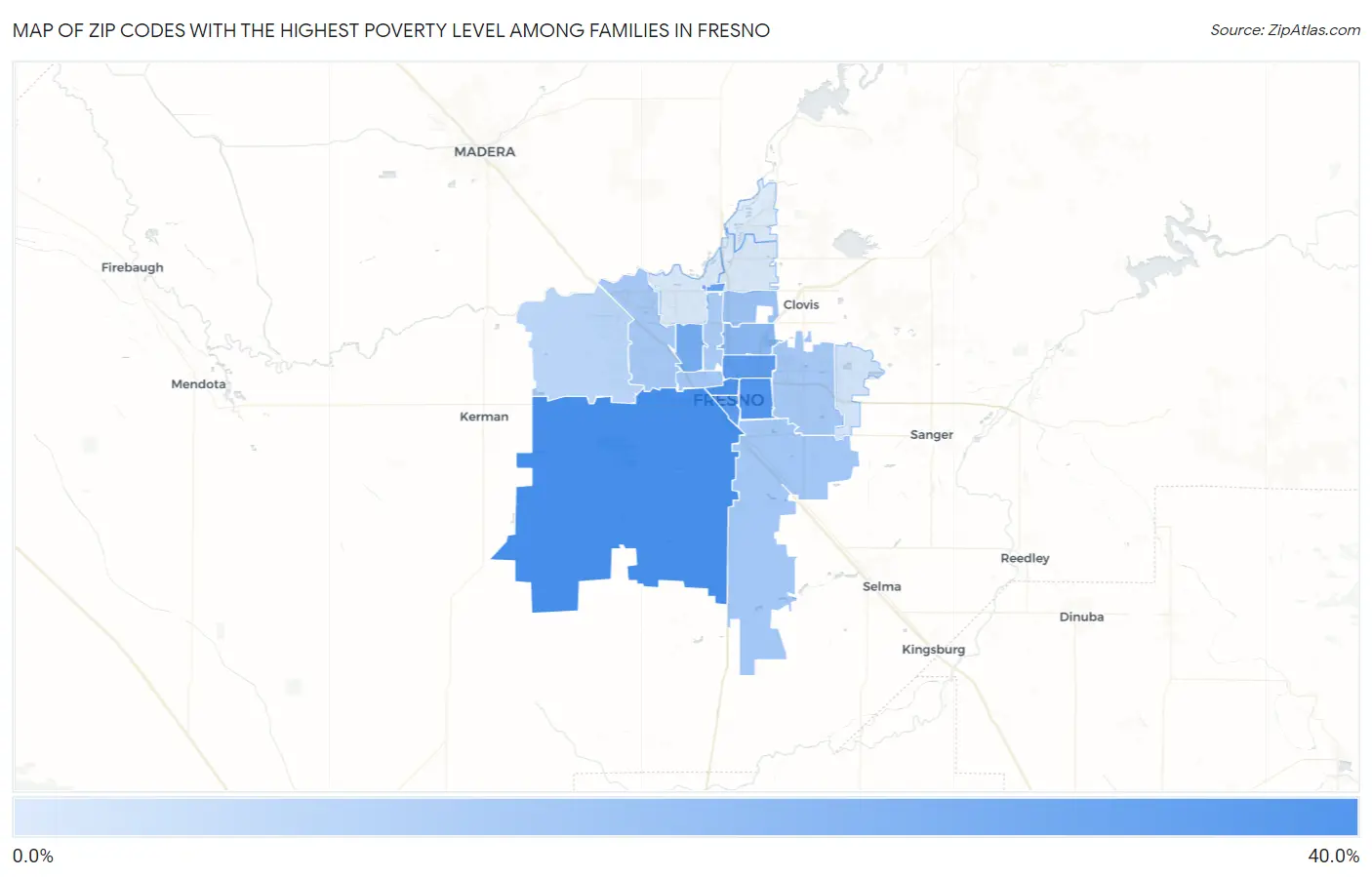 Zip Codes with the Highest Poverty Level Among Families in Fresno Map