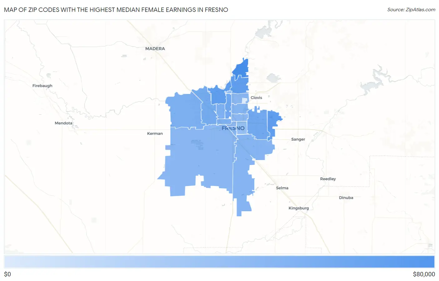 Zip Codes with the Highest Median Female Earnings in Fresno Map
