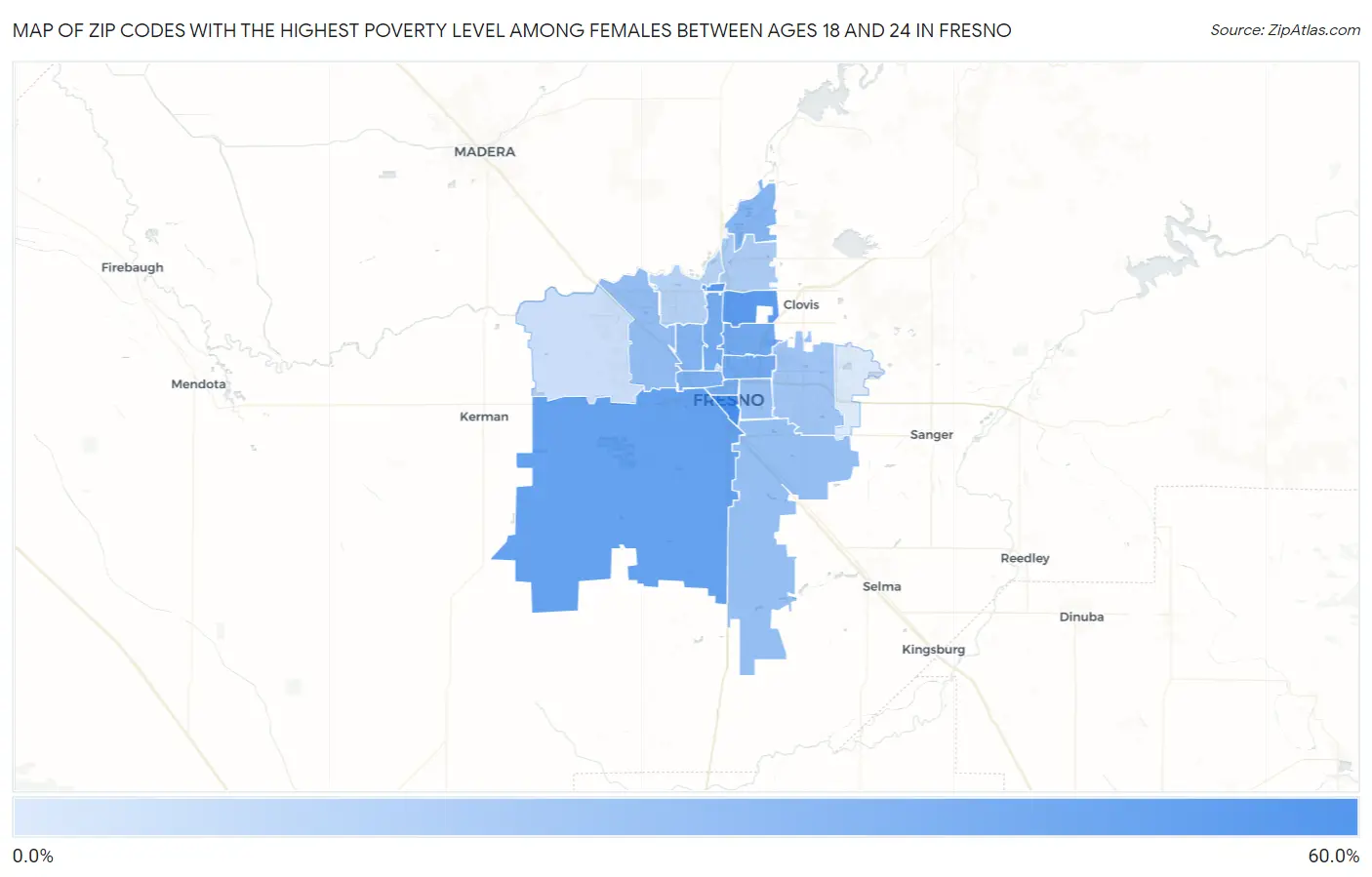 Zip Codes with the Highest Poverty Level Among Females Between Ages 18 and 24 in Fresno Map